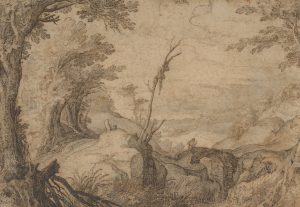 Skeleton Hanging from a Tree in a Landscape, drawing by Paul Brill (ca 1553/1554–1626) public domain
