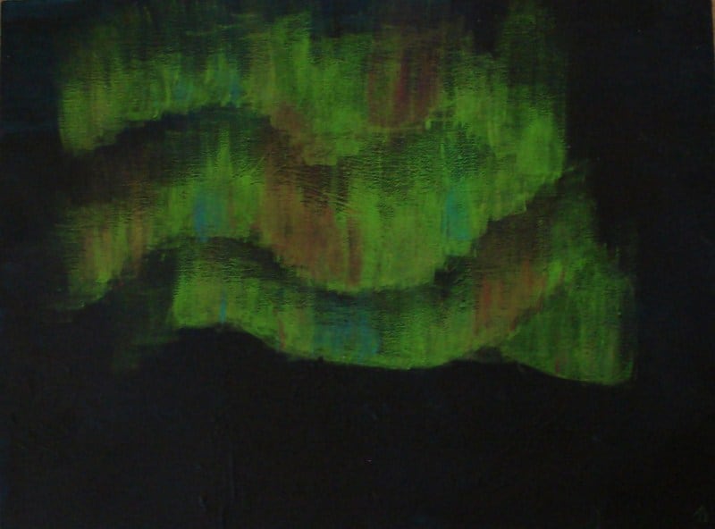 An acrylic painting of the Northern Light against a black sky