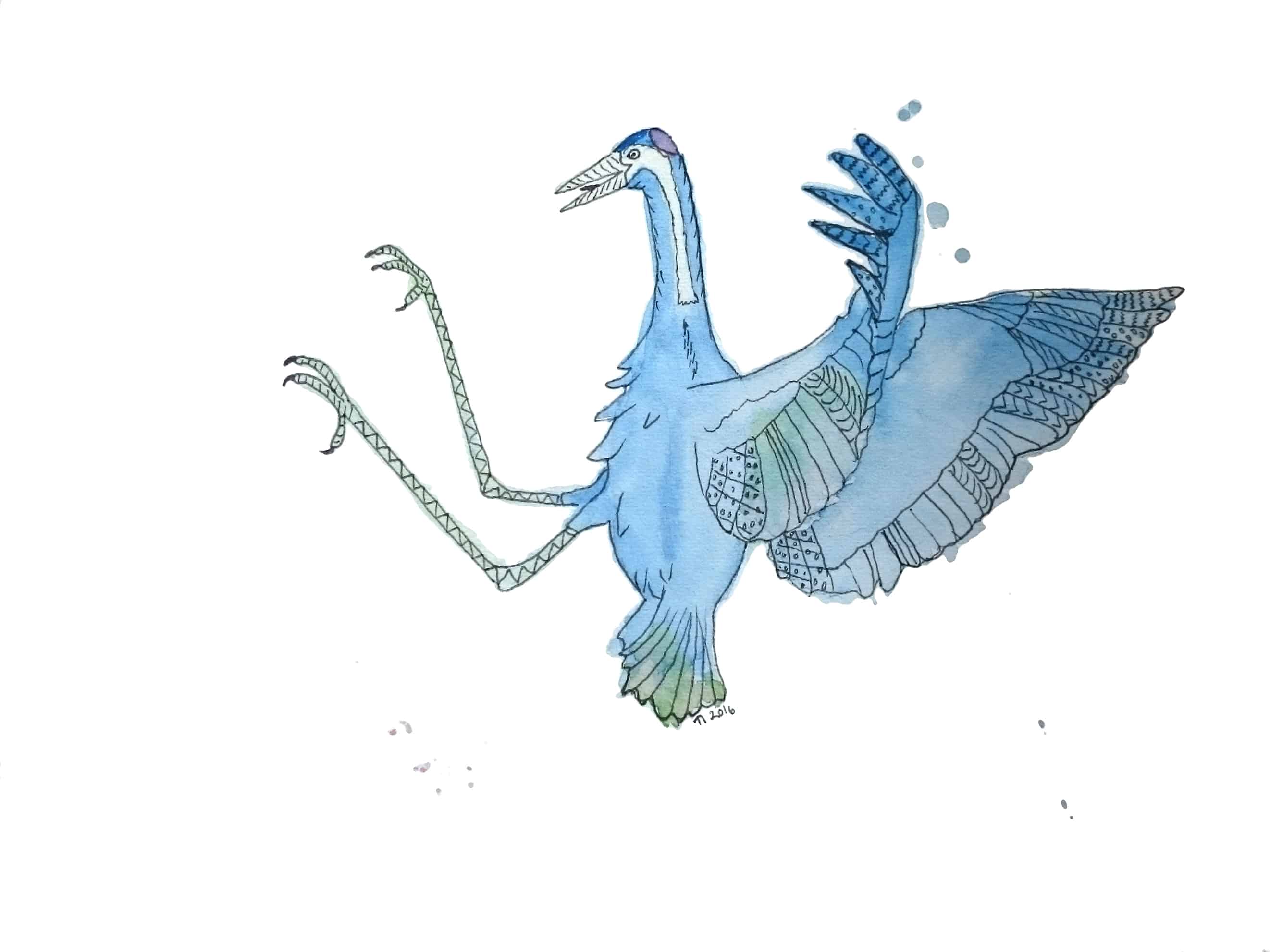 Strange Bird 8: Green & Blue Kung Fu Crane by Linda Ursin