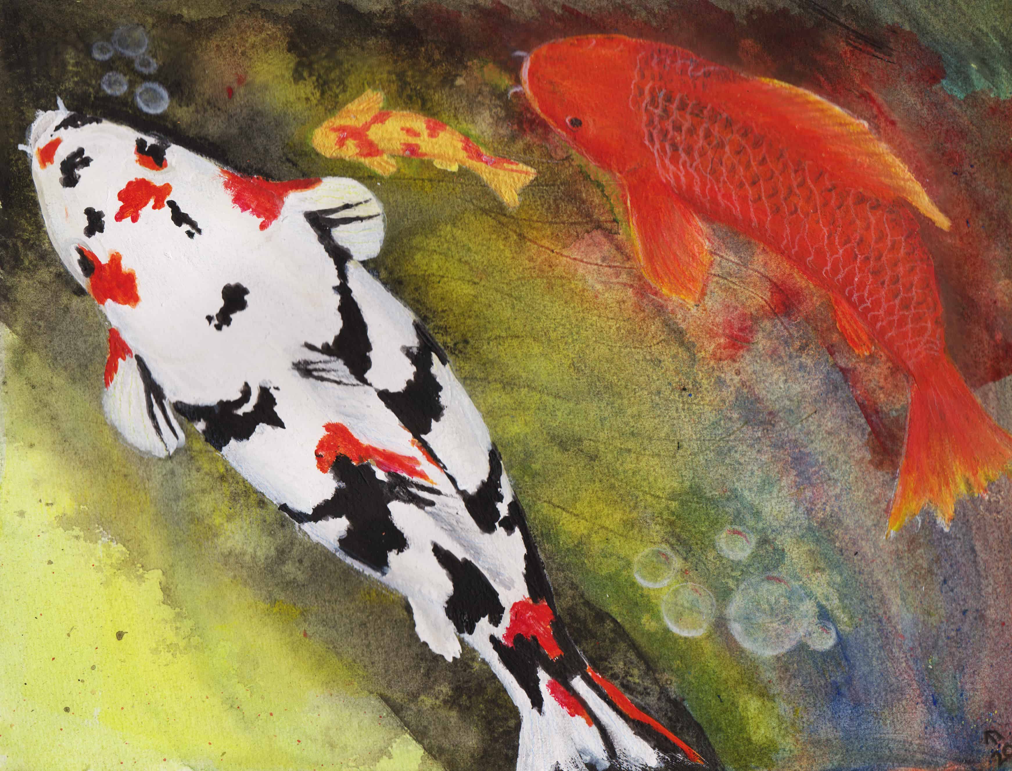 Playful painting of colorful koi fish swimming in a pond