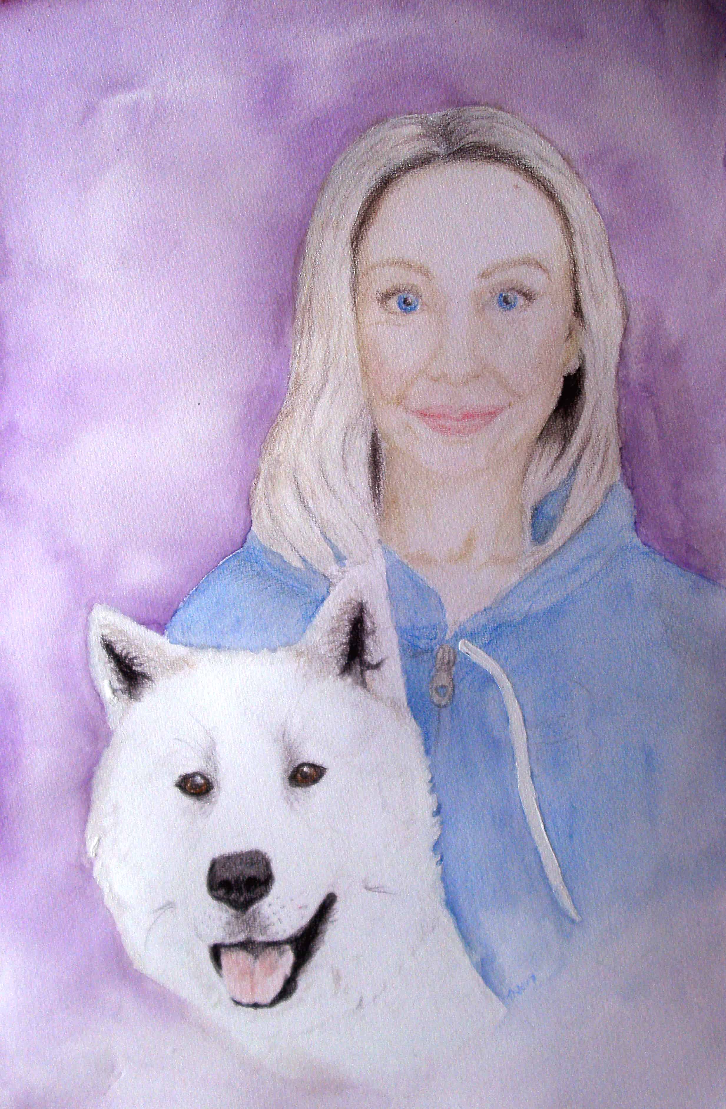 Portrait of Pirjo Väänänen and her spirit animal, a white Akita